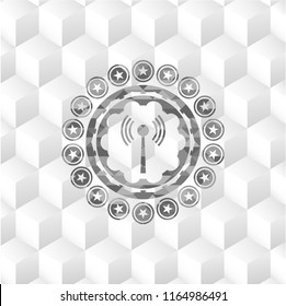 antenna signal icon inside grey emblem. Retro with geometric cube white background