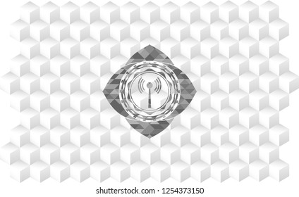 antenna signal icon inside grey emblem. Vintage with geometric cube white background