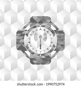 antenna signal icon inside grey badge with geometric cube white background. 