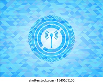 antenna signal icon inside light blue emblem with mosaic ecological style background