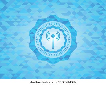 antenna signal icon inside light blue emblem. Mosaic background