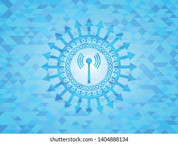 antenna signal icon inside light blue emblem. Mosaic background