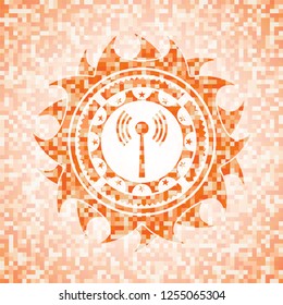 antenna signal icon inside orange mosaic emblem with background