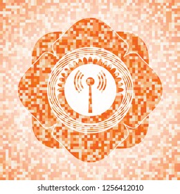 antenna signal icon inside orange tile background illustration. Square geometric mosaic seamless pattern with emblem inside.