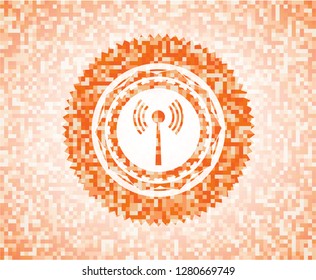 antenna signal icon inside orange mosaic emblem with background