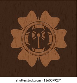 antenna signal icon inside realistic wooden emblem