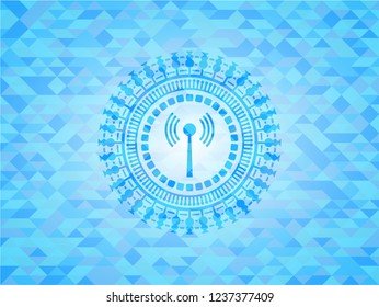 antenna signal icon inside realistic sky blue emblem. Mosaic background