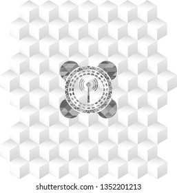 antenna signal icon inside realistic grey emblem with cube white background