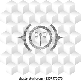 antenna signal icon inside realistic grey emblem with geometric cube white background