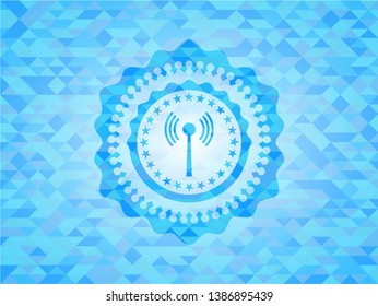 antenna signal icon inside realistic sky blue emblem. Mosaic background