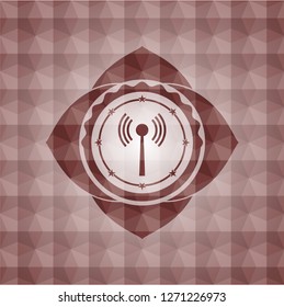 antenna signal icon inside red geometric pattern emblem. Seamless.