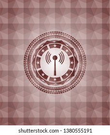 antenna signal icon inside red geometric pattern emblem. Seamless.
