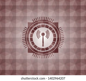 antenna signal icon inside red seamless badge with geometric pattern.
