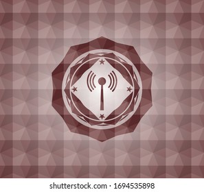 antenna signal icon inside red seamless badge with geometric pattern background.