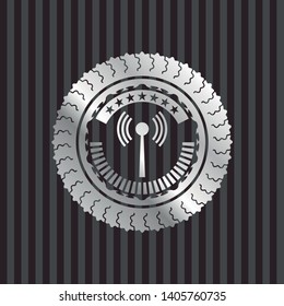 antenna signal icon inside silver emblem or badge
