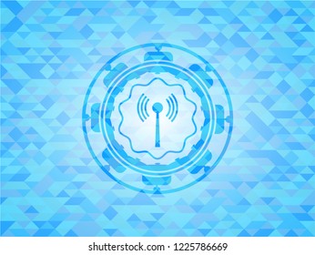 antenna signal icon inside sky blue emblem with mosaic ecological style background