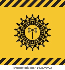 antenna signal icon inside warning sign, black grunge emblem. Vector Illustration. Detailed.