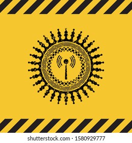 antenna signal icon inside warning sign, black grunge emblem. Vector Illustration. Detailed.