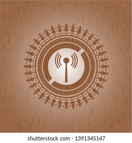 antenna signal icon inside wood emblem. Vintage.