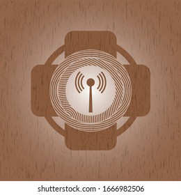 antenna signal icon inside wood emblem. Retro