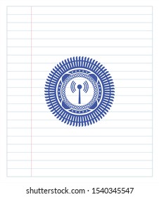 antenna signal icon with pen strokes. Blue ink. Vector Illustration. Detailed.