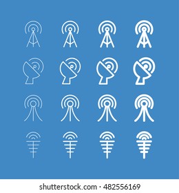 Antenna and signal icon set. Collection of symbols with different thickness. Radio tower, satellite dish, TV and radio.