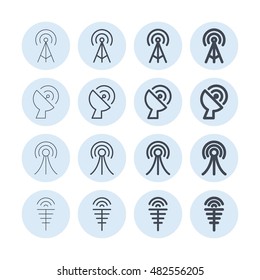 Antenna and signal icon set. Collection of symbols with different thickness. Radio tower, satellite dish, TV and radio.