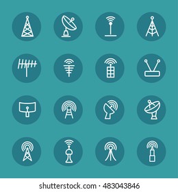 Antenna and signal icons. Radio station and airwaves vector objects. Transmitter and communication web graphic.