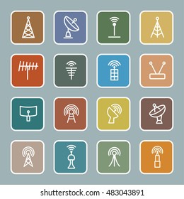 Antenna and signal icons. Radio station and airwaves vector objects. Transmitter and communication web graphic.