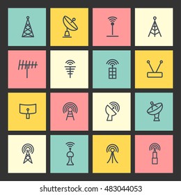 Antenna and signal icons. Radio station and airwaves vector objects. Transmitter and communication web graphic.