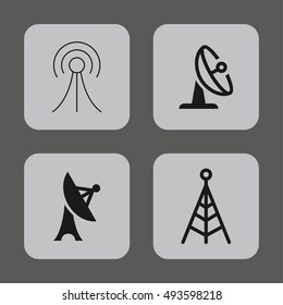 Antenna Telecommunication And Satellite Dish Vector Objects. Radio and Broadcast Icons.