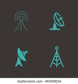 Antenna Telecommunication And Satellite Dish Vector Objects. Radio and Broadcast Icons.