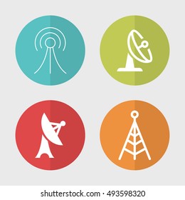 Antenna Telecommunication And Satellite Dish Vector Objects. Radio and Broadcast Icons.