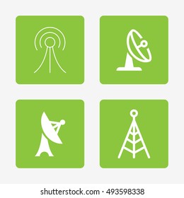 Antenna Telecommunication And Satellite Dish Vector Objects. Radio and Broadcast Icons.