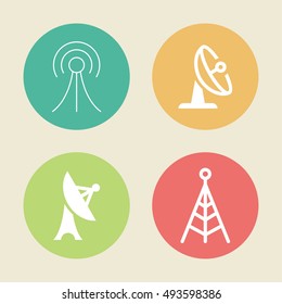 Antenna Telecommunication And Satellite Dish Vector Objects. Radio and Broadcast Icons.