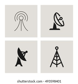 Antenna Telecommunication And Satellite Dish Vector Objects. Radio and Broadcast Icons.