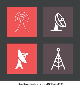 Antenna Telecommunication And Satellite Dish Vector Objects. Radio and Broadcast Icons.