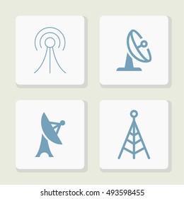Antenna Telecommunication And Satellite Dish Vector Objects. Radio and Broadcast Icons.
