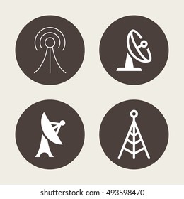 Antenna Telecommunication And Satellite Dish Vector Objects. Radio and Broadcast Icons.