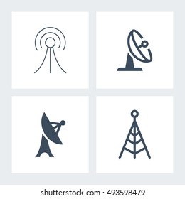 Antenna Telecommunication And Satellite Dish Vector Objects. Radio and Broadcast Icons.