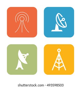 Antenna Telecommunication And Satellite Dish Vector Objects. Radio and Broadcast Icons.