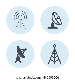 Antenna Telecommunication And Satellite Dish Vector Objects. Radio and Broadcast Icons.