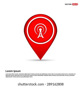 antenna tower icon - abstract logo type icon - white icon in map pin point red background. Vector illustration