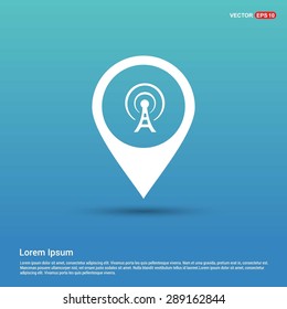 antenna tower icon - abstract logo type icon - white icon in map pin point blue background. Vector illustration
