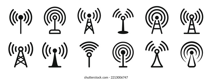 Antenna tower icon collection. Wireless radio signal symbol set. Vector illustration.