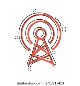 Antenna tower icon in comic style. Broadcasting cartoon vector illustration on white isolated background. Wifi splash effect business concept.