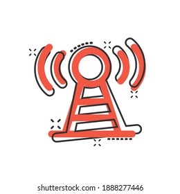 Antenna tower icon in comic style. Broadcasting cartoon vector illustration on white isolated background. Wifi splash effect business concept.