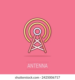 Antenna tower icon in comic style. Broadcasting cartoon vector illustration on isolated background. Wifi splash effect business concept.