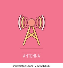 Antenna tower icon in comic style. Broadcasting cartoon vector illustration on isolated background. Wifi splash effect business concept.