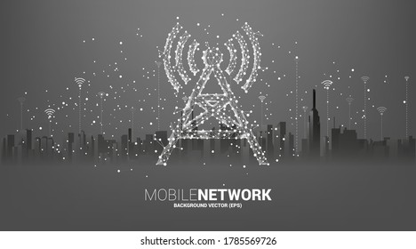 Antenna Tower icon polygon style from dot and line connection with city background. Concept of telecommunication mobile and data technology